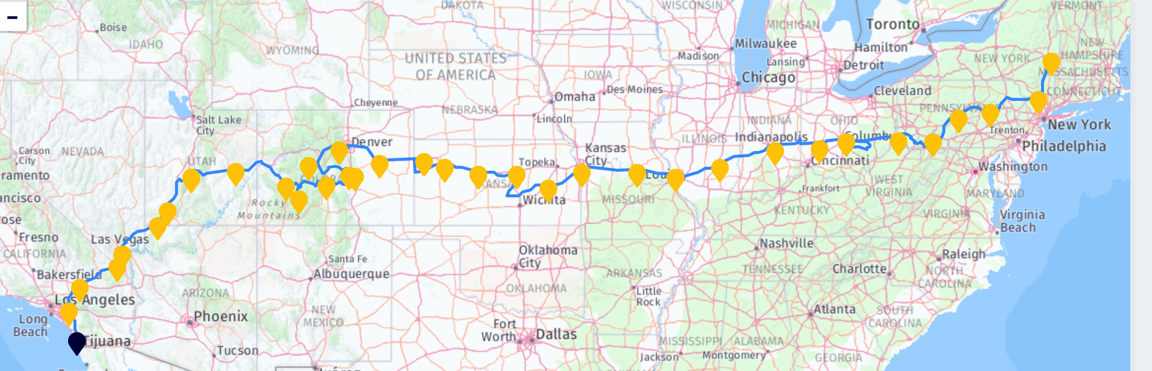 Map of the September 2023 drive from Albany to San Diego, showing the cross-country route and charging stops