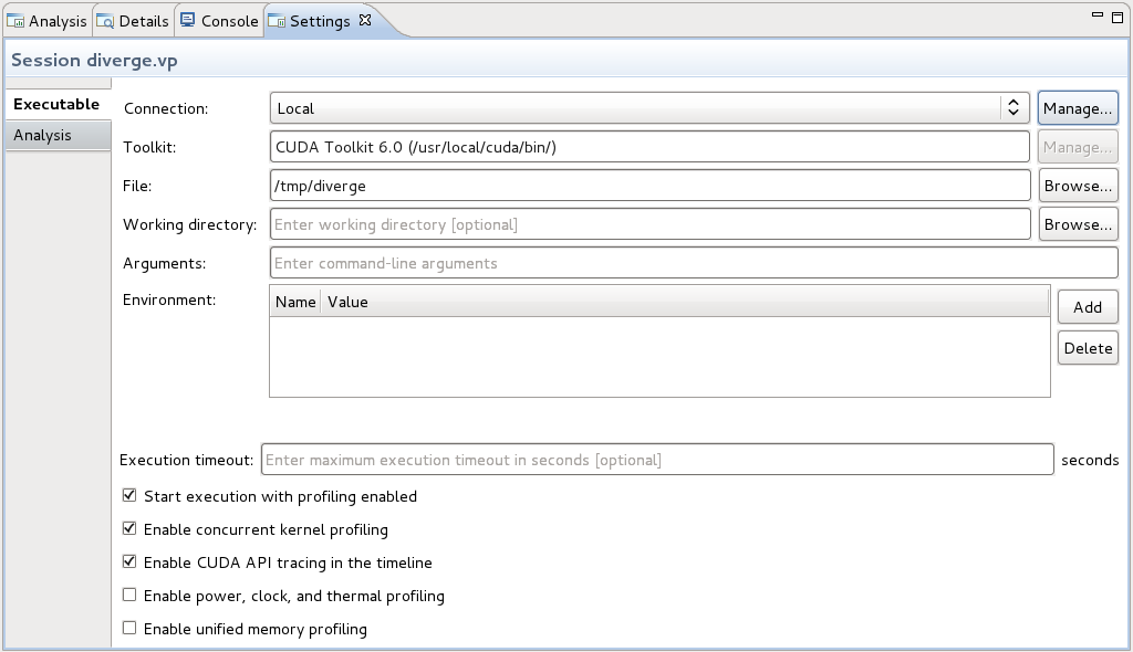 Settings View dialogue box. Allows you to specify execution settings for the application being profiled.