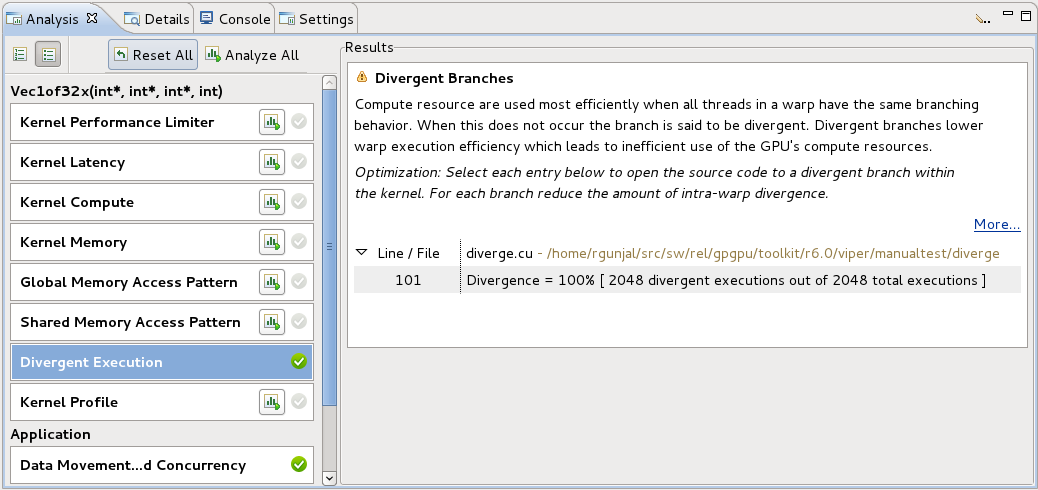 Analysis View is used to control application analysis and to display the analysis results.