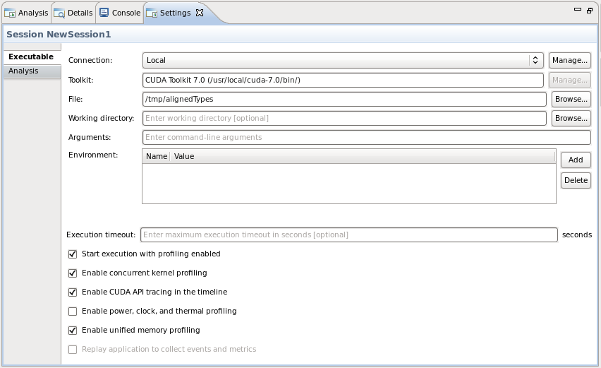 Settings View dialogue box. Allows you to specify execution settings for the application being profiled.