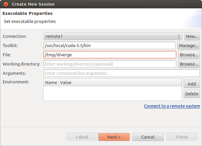 Visual Profiler new session dialog showing how a remote system can be configuated.